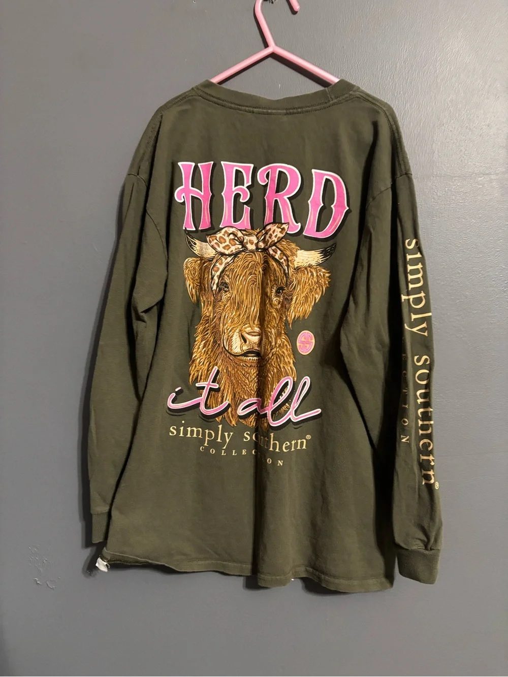 Simply southern dark green cow graphic western long sleeve logo tee girls large